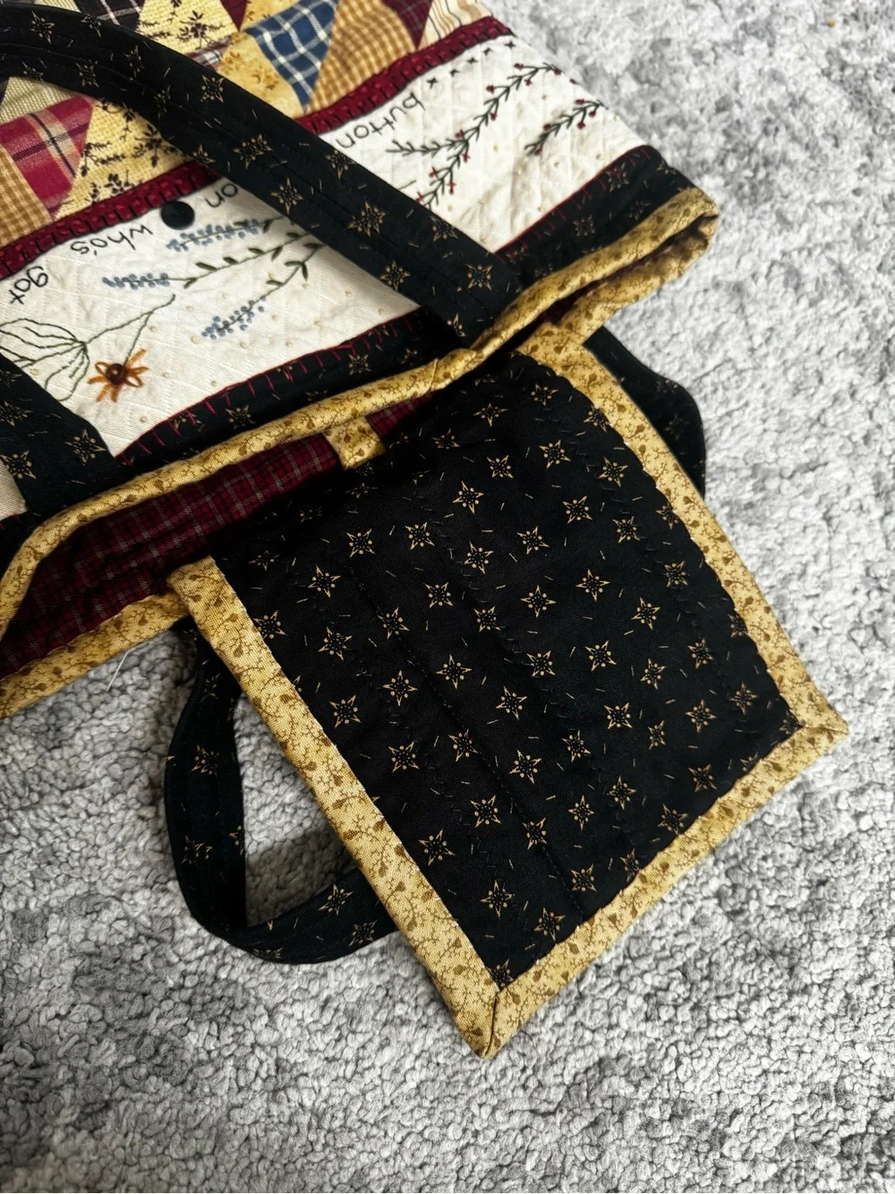 Handmade Primitive Patchwork Quilted Tote Bag Embroidered Folk Art